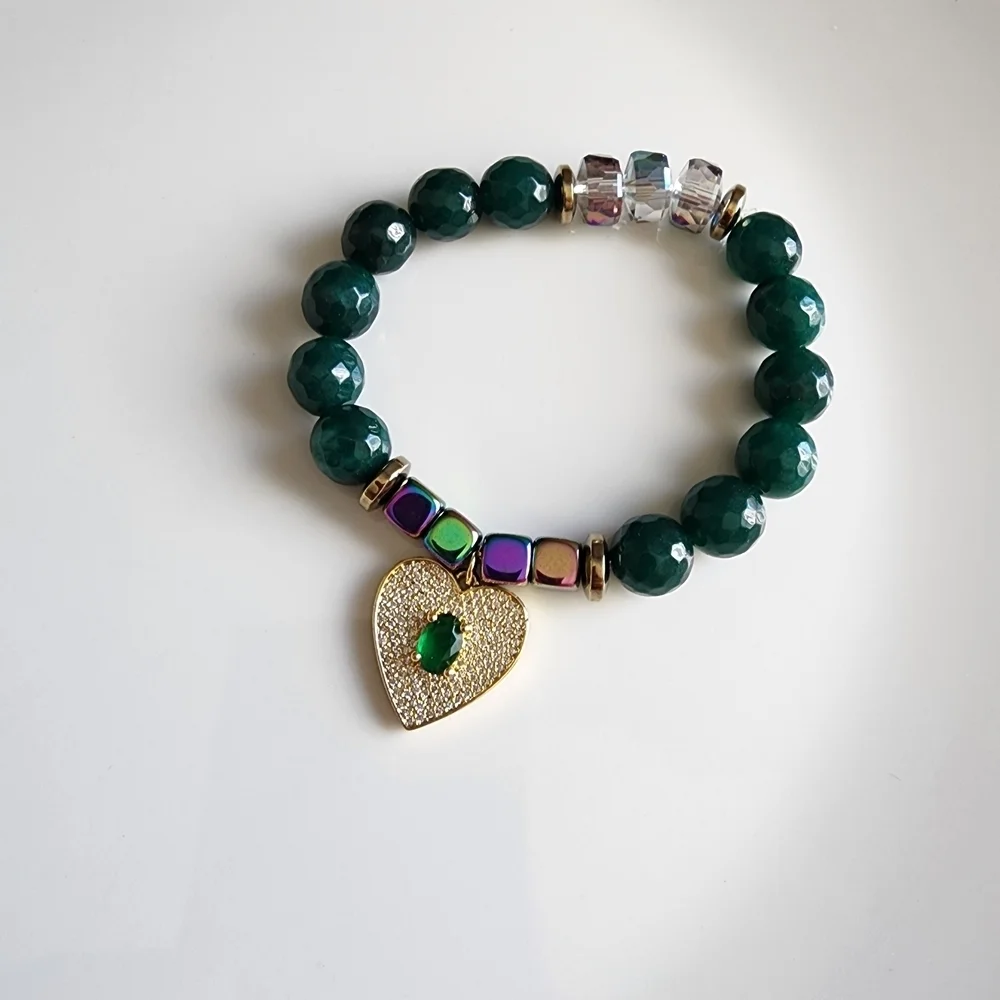 Agate Beaded Bracelet Green Gold Heart Charm CZ + Matching Earrings Jewelry Set